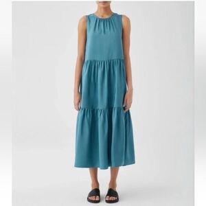 Eileen Fisher Wash Silk Habutai Round Neck Tiered Midi Dress River XXS NWT $358
